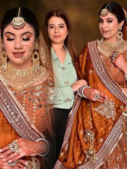 A proud moment with my student and her stunning bridal creation. This collage shows the final look from different angles, a testament to her hard work.