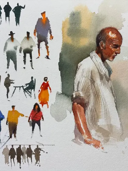 A practice sheet from my watercolor figure class, showing various quick studies of figures and a more detailed portrait.
