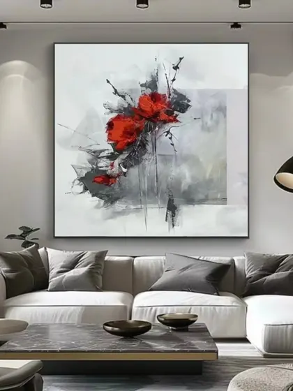 A minimalist abstract with a pop of red can add just the right amount of energy to a modern, neutral space. This piece demonstrates our ability to create balanced compositions that are both subtle and striking.