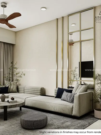 This view highlights the use of a large, sectioned mirror to create an illusion of space and reflect light. The L-shaped sofa provides ample seating, making this living room perfect for both relaxing and entertaining.