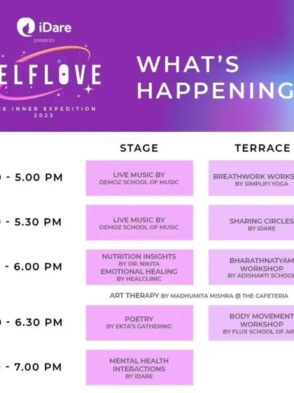 The full schedule for the Self Love Inner Expedition. It's amazing to see flow arts included alongside poetry, music, and art therapy as a tool for wellness.