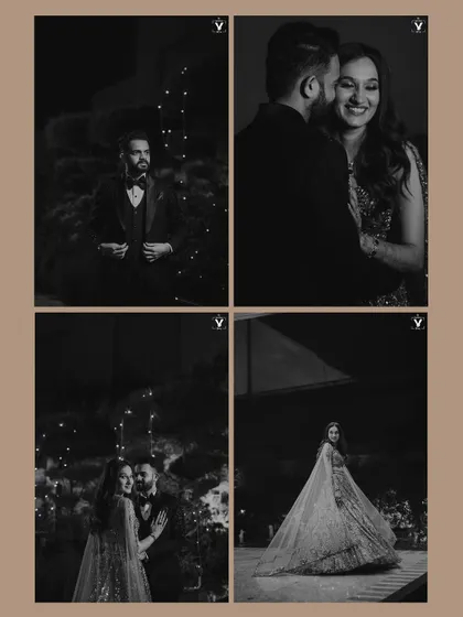 A four-panel collage of black and white portraits from a glamorous evening event, capturing the couple's stylish outfits and happy, candid moments.