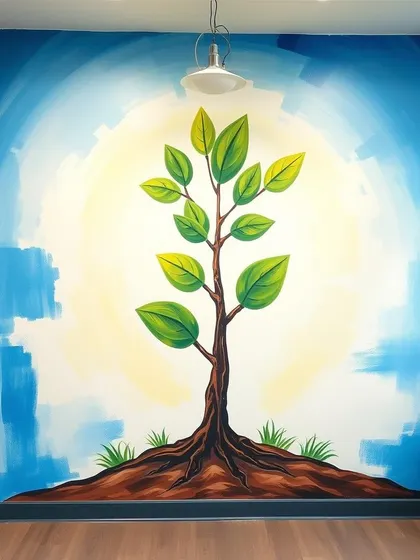 This mural uses the powerful symbol of a rooted tree to represent a company's strong foundation and upward growth. It's a popular theme for businesses looking to visualize their journey and aspirations, creating a positive and forward-looking environment.