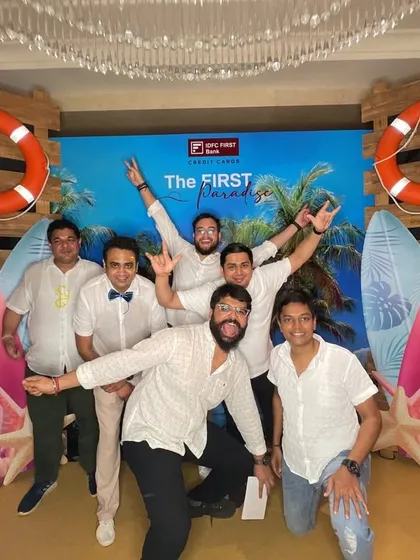 A fun group photo from the IDFC First Bank event in Goa. While the main attraction was the AR booth, we also provide fun, themed physical backdrops and props to complement the digital experience.