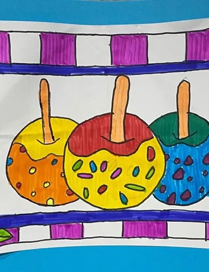This still life of candy apples shows a student's understanding of pattern and color. Our lessons on everyday objects help children see the art and design in the world around them.