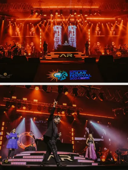 Two wide shots of the spectacular stage setup for the A.R. Rahman concert. The impressive lighting and visuals created an unforgettable experience.