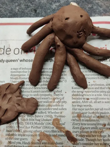 An eight legged octopus and a spiny axolotl, sculpted from clay. During our "Muddy Puddles" sessions, I learn so much from the children about their favorite animals and fun facts about nature.