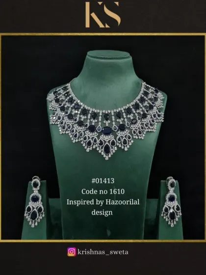 Inspired by a Hazoorilal design, this premium American Diamond set features a classic look with sapphire blue stones.