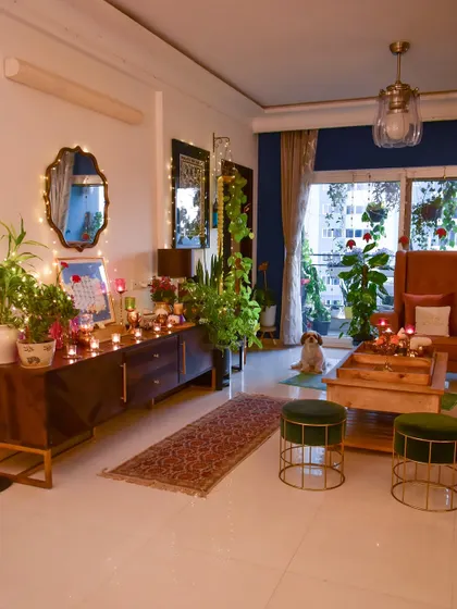 The living room, glowing with festive lights. The whole space feels so warm and happy.