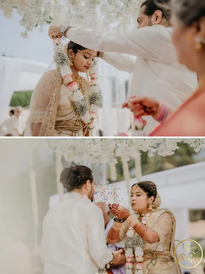 A collage of intimate moments from the wedding ceremony, including the exchange of garlands and showering of rice.