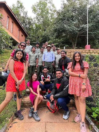 A group of travel influencers and our team posing at a beautiful resort during the Great Karnataka Adventure. I host special trips to showcase the best of the state.