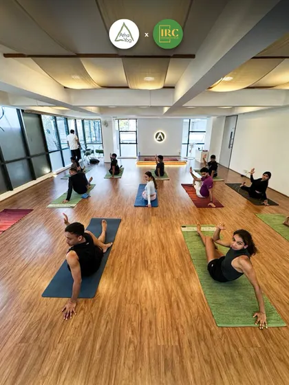 Another view of our yoga for runners session. This collaboration is designed to help runners improve flexibility, prevent injuries, and find balance in their training.