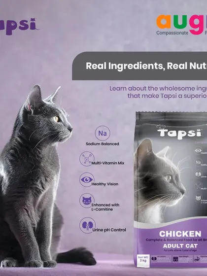 Real ingredients mean real nutrition. This Tapsi Adult Cat food in chicken flavor is sodium-balanced, contains a multi-vitamin mix for overall health, and is enhanced with L-Carnitine for urine pH control.