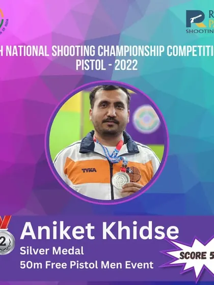 A silver medal for Aniket Khidse in the 50m Free Pistol Men event at the 65th National Shooting Championship, scoring an impressive 560.