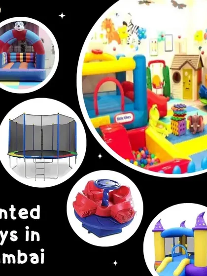 A showcase of some of my rented toys in Mumbai. This collage features a large trampoline, a blue spinner, a wizard-themed bouncy castle, and a setup from Little Tikes, all premium and safe.