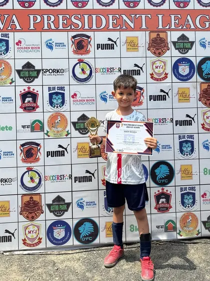 Our U7 player Shivatva with his Player of the Match award. His clutch saves and great performance in goal were crucial for the team.