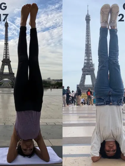 August 2017 vs. October 2022. Same place, same posture, but the years of practice show in the ease of holding the headstand. This is a testament to the power of consistent practice.