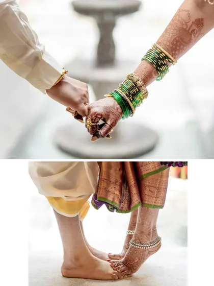 A collage of details: the joining of hands and the touching of feet. These symbolic close-ups are powerful elements of the wedding story.