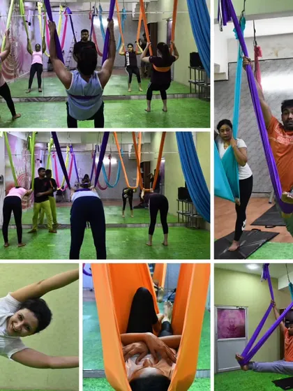 Strength in suspension, peace in the pose. This collage highlights the community aspect of our studio, with students of all levels practicing together and supporting one another.