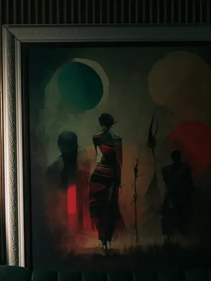 An artistic bridal portrait, with the bride posed next to a large painting, creating a high-fashion, editorial look.