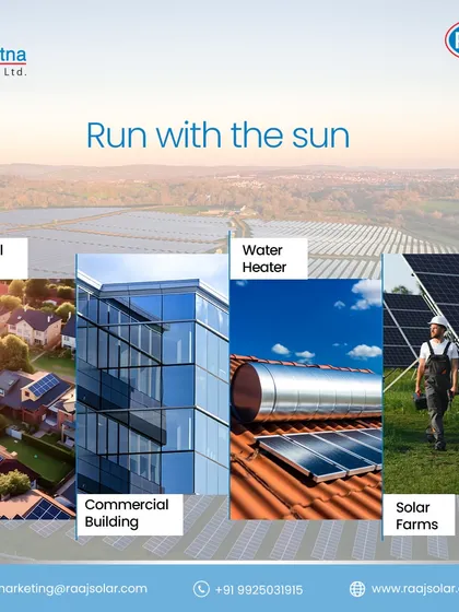 Run with the sun. This collage shows the diverse applications of our solar panels, including residential rooftops, commercial buildings, solar water heaters, and large-scale solar farms.