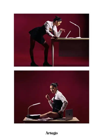 A two-panel shot showing different moments from the office-themed shoot. It gives a glimpse into the variety of poses and actions we experiment with.