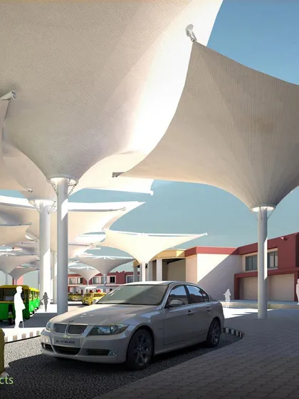 The design for the terminal's drop-off area, showing how the tensile roof structures create a distinctive and functional architectural statement.