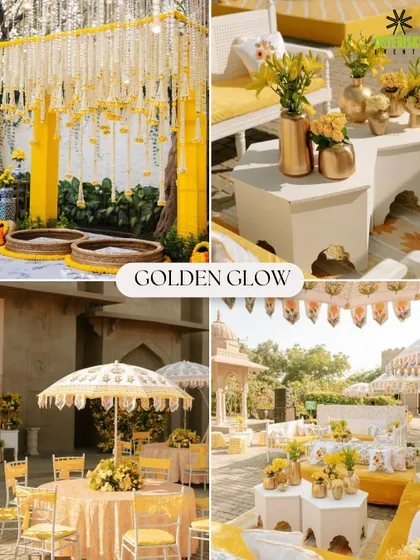 A "Golden Glow" Haldi mood board. This theme uses shades of yellow and gold, with traditional marigold flowers and elegant white and gold furniture for a radiant celebration.