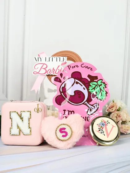 Another look at the "My Little Barbie" hamper, showcasing the personalized jewelry case, fuzzy heart pouch, and custom pocket mirror.