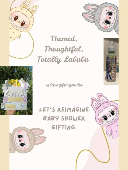 Reimagining baby shower gifting with a playful Labubu theme. This inspiration board shows how we can incorporate the characters into everything from feeding bottles to custom gift boxes.