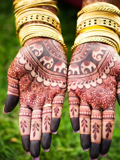 A close-up of a gorgeous, dark henna stain featuring traditional elephant motifs. The deep color contrasts beautifully against the skin, making the intricate details pop.