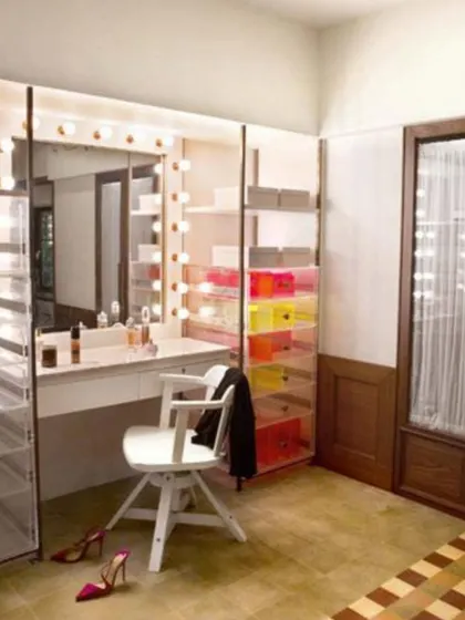 The dressing room we designed for Alia Bhatt. It's a space that is both highly functional and beautifully personal, with a classic vanity mirror, ample storage, and a touch of color that reflects her vibrant spirit.