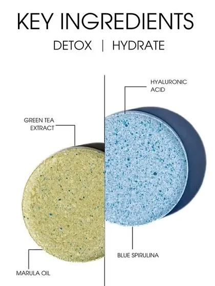 A look at the key ingredients in our Glo2Facial pods. Natural components like Green Tea Extract, Blue Spirulina, and Hyaluronic Acid are used to detoxify and hydrate the skin.
