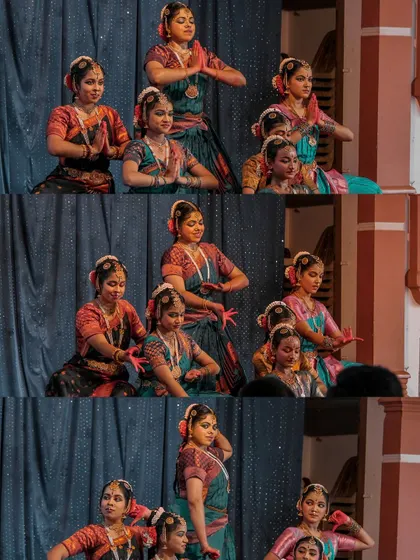 A collage of a group of young Bharatanatyam dancers on stage. I capture both individual performers and the synchronized beauty of the group.