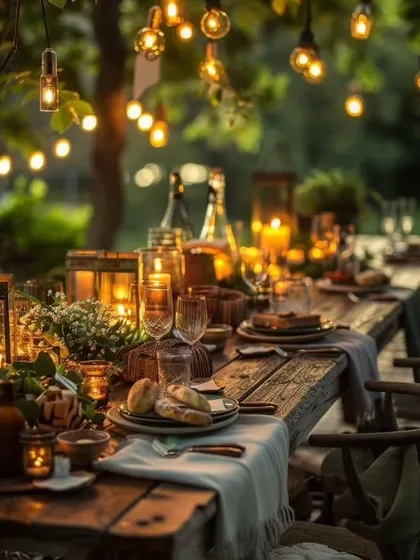 Another perspective of the rustic outdoor dinner table. The warm glow of the string lights and candles makes the evening feel magical and memorable.