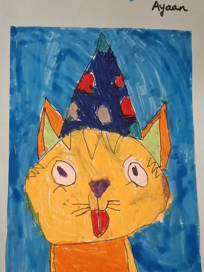 Here is another student's take on the party cat theme. While the lesson is the same, the background color and small details show how each child adds their personal touch.