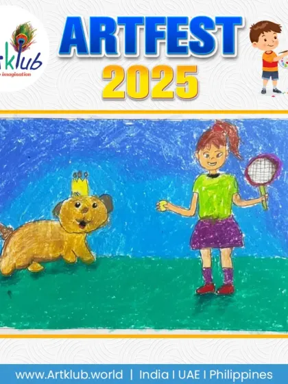 A junior artist's drawing of a girl playing tennis with her royal dog, who is wearing a crown. A fun and imaginative take on a classic sport.
