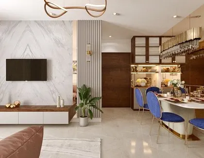 The 3D visualization for the dining area, which allowed the client to see how the mirror cladding would visually expand the compact space.