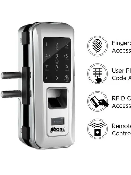 The OZ-FGL-LIFE-G2W glass door lock, suitable for both sliding and swing doors. This infographic displays its four access methods: fingerprint, user PIN code, RFID card, and remote control.