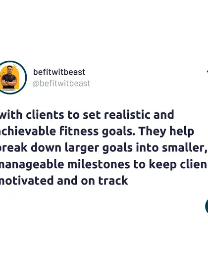 I work with clients to set realistic and achievable fitness goals. We break down larger goals into smaller, manageable milestones to keep you motivated and on track.