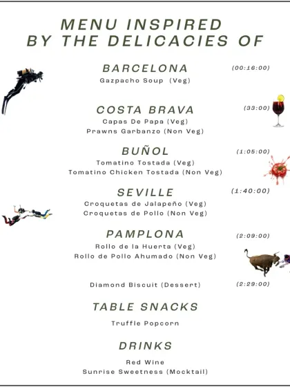 Here is how we sync the flavor to the film. This menu for Zindagi Na Milegi Dobara shows exactly when each course is served, from Gazpacho during the Barcelona scenes to a special dessert as the credits roll. It is a timeline you can taste.