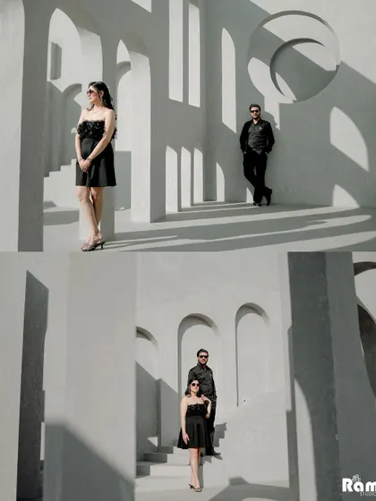 This collage showcases a modern, architectural pre-wedding shoot. The play of light and shadow on the white, geometric walls creates a high-fashion and artistic feel.