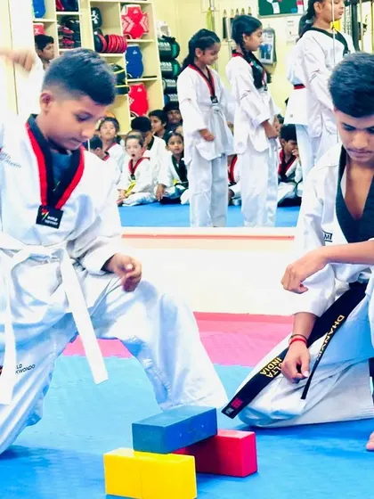 A student demonstrates a precise hand strike on the blocks.