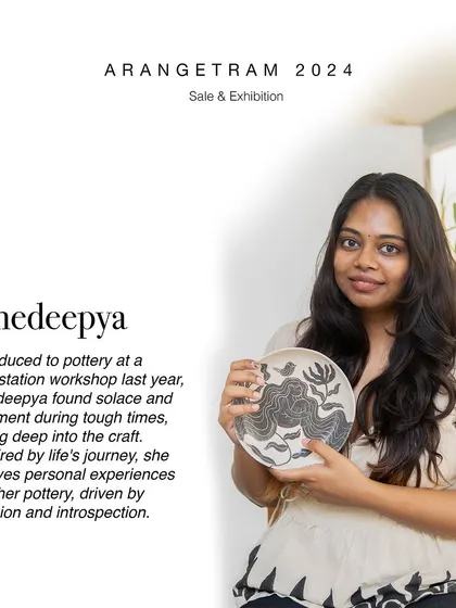 Dhedeepya found solace and fulfillment in clay during challenging times. Her Arangetram collection of drinkware is a love letter to self, inspired by her favorite moments with coffee and tea and using sgraffito techniques to evoke kindness and self-compassion.