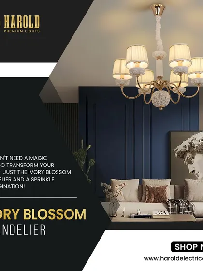 The Ivory Blossom Chandelier features delicate floral details and soft fabric lampshades. It's a classic and charming piece that adds a touch of refined elegance to any living space.