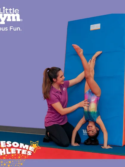A wall-assisted handstand is a great way to build the strength and confidence needed for a freestanding one. Our instructors guide students through each progression safely.