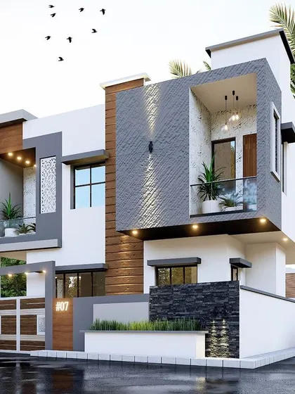 A slightly different angle of the Shreerampura house, showing the depth of the cantilevered elements and the interplay of light and shadow.