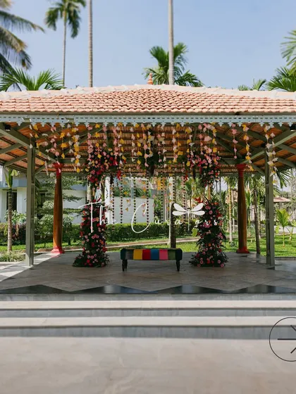 This wide shot showcases the entire setup, highlighting how we integrate our decor with the natural beauty of the surroundings for a seamless experience.