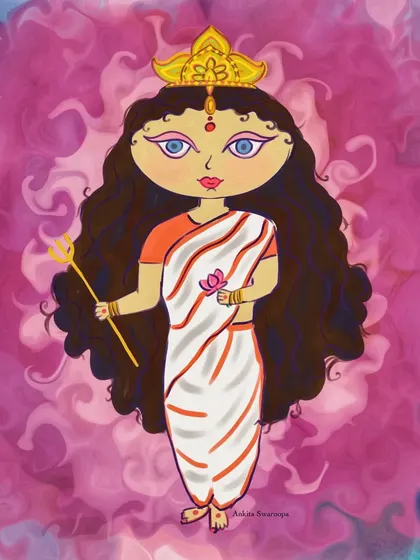 A cute, character-style illustration of Goddess Durga in a traditional white and red saree, created during Durga Puja.