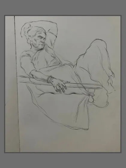 A line drawing focusing on the posture and drapery of a figure resting in an armchair.